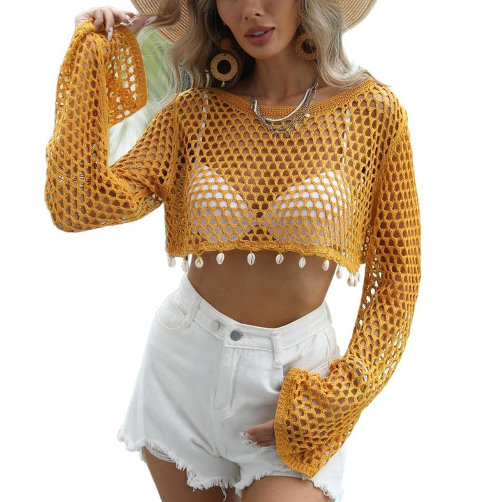 Ladies Crochet Overlay with Open-Shoulder Design and Shell Embellishments Mune Fashion