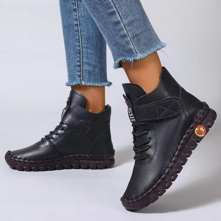 Women's ankle-high casual boots with Velcro, elastic lacing, and distinct tread sole Mune Fashion