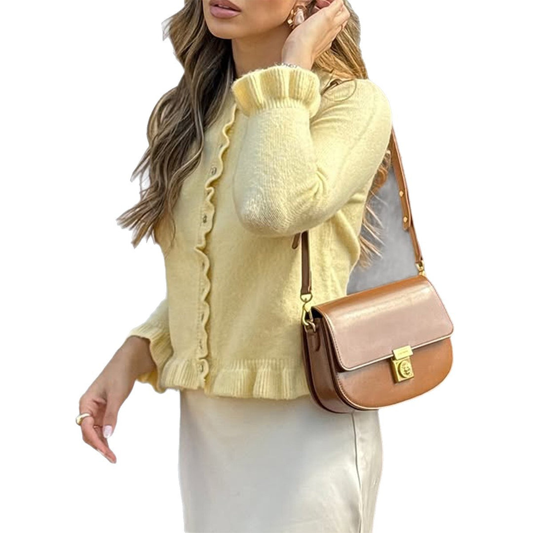 Women’s short cut knit cardigan with ruffled button placket and gathered cuffs Mune Fashion