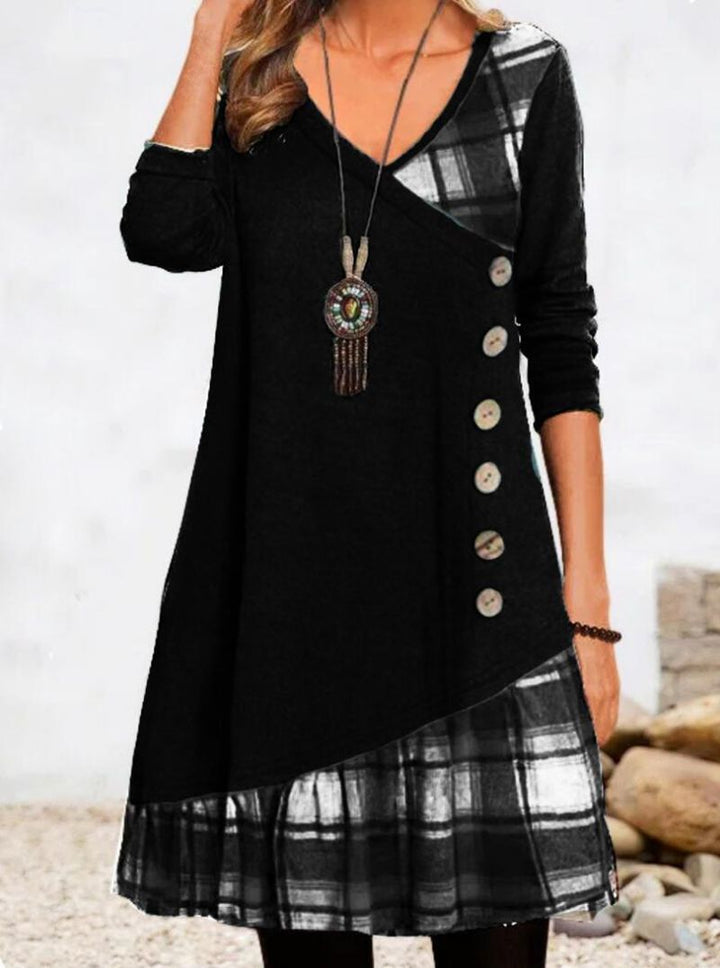 Women's asymmetrical V-neck tunic dress with decorative button placket and animal print trim Mune Fashion