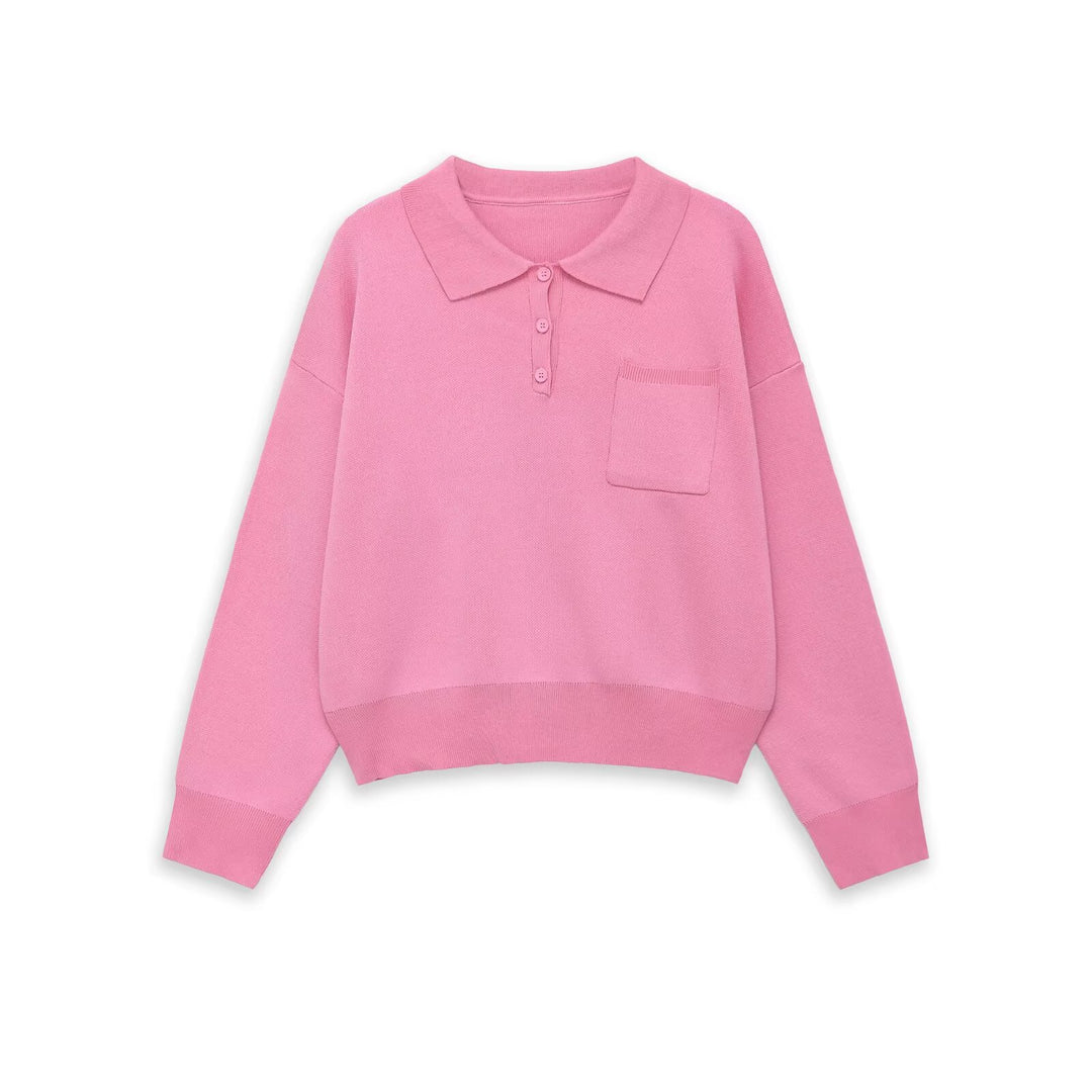 Women's Knit Polo Sweater with Button Placket, Chest Pocket, and Drop Shoulder Mune Fashion