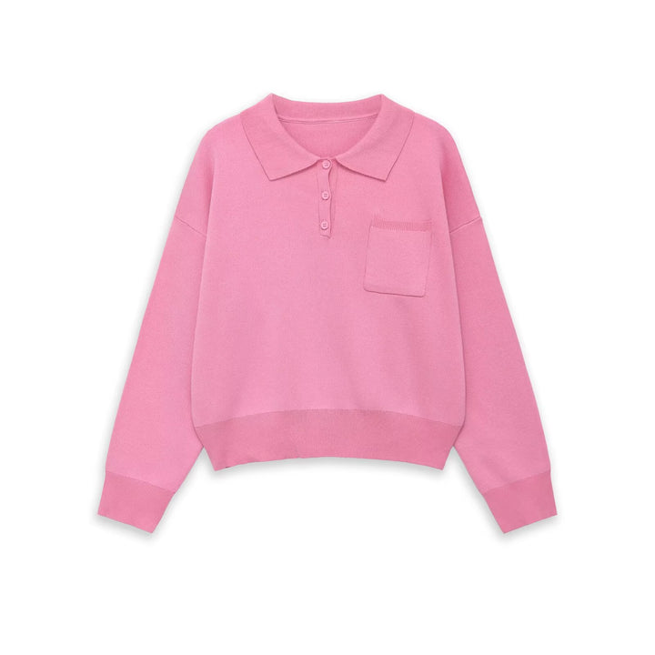 Women's Knit Polo Sweater with Button Placket, Chest Pocket, and Drop Shoulder Mune Fashion