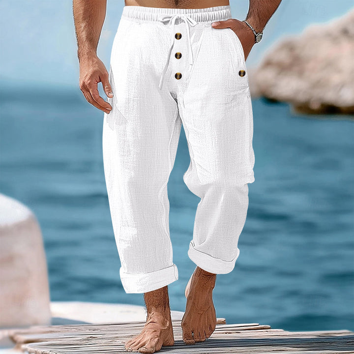 Men's casual linen-cotton pants with elastic waistband, drawstring, and rolled-up hem Mune Fashion