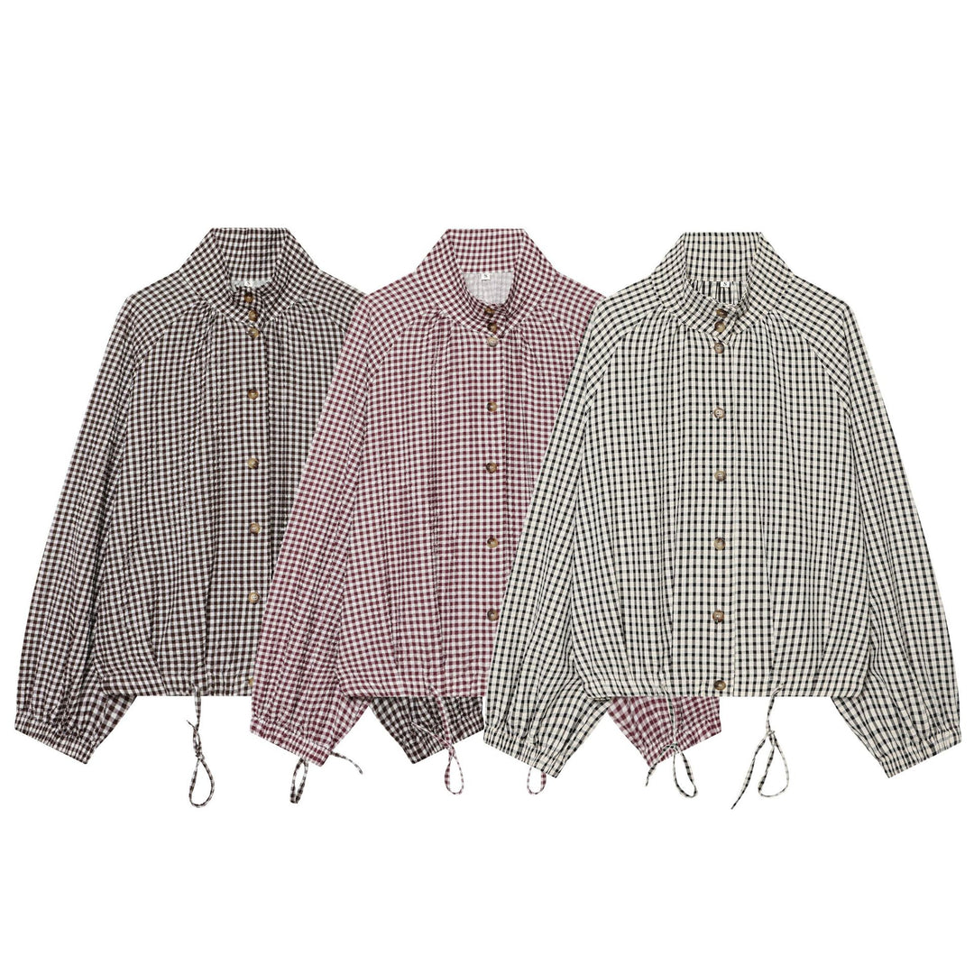 Women's checked cropped blouse jacket with drawstring Drune