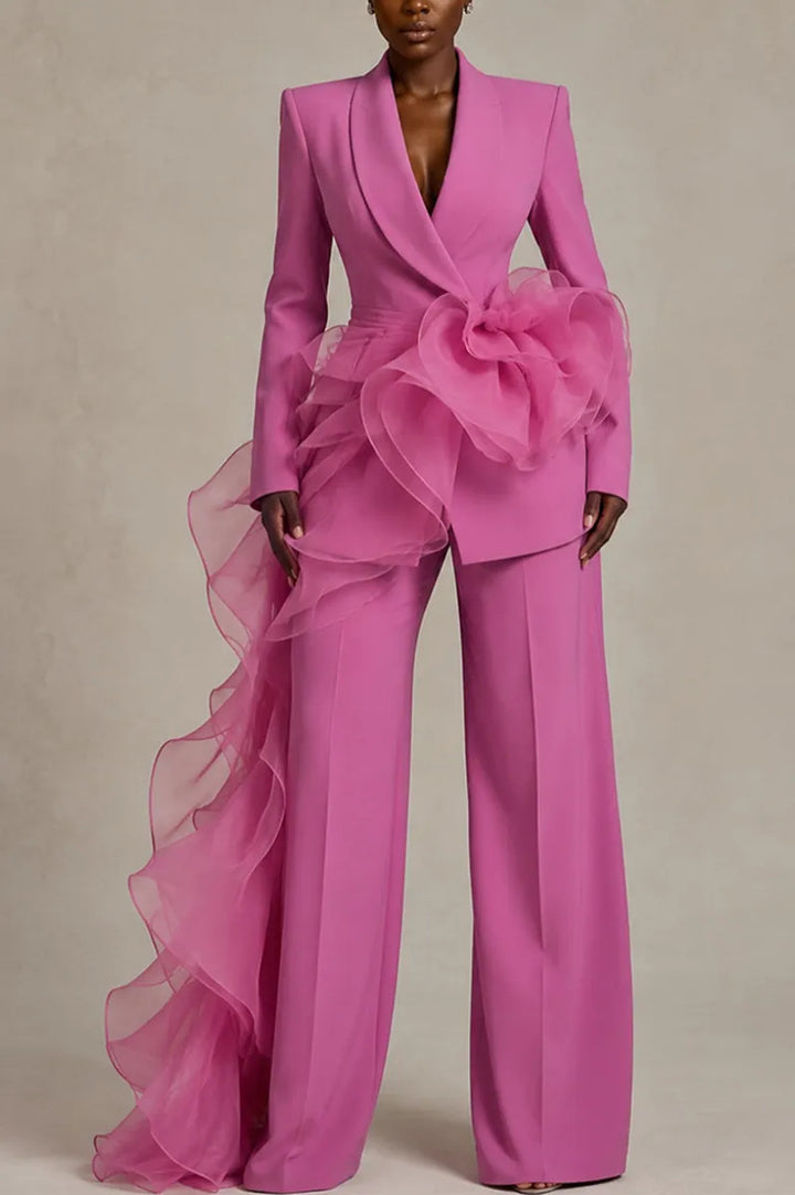 Women's Elegant Suit with Asymmetrical Ruffle Mune Fashion