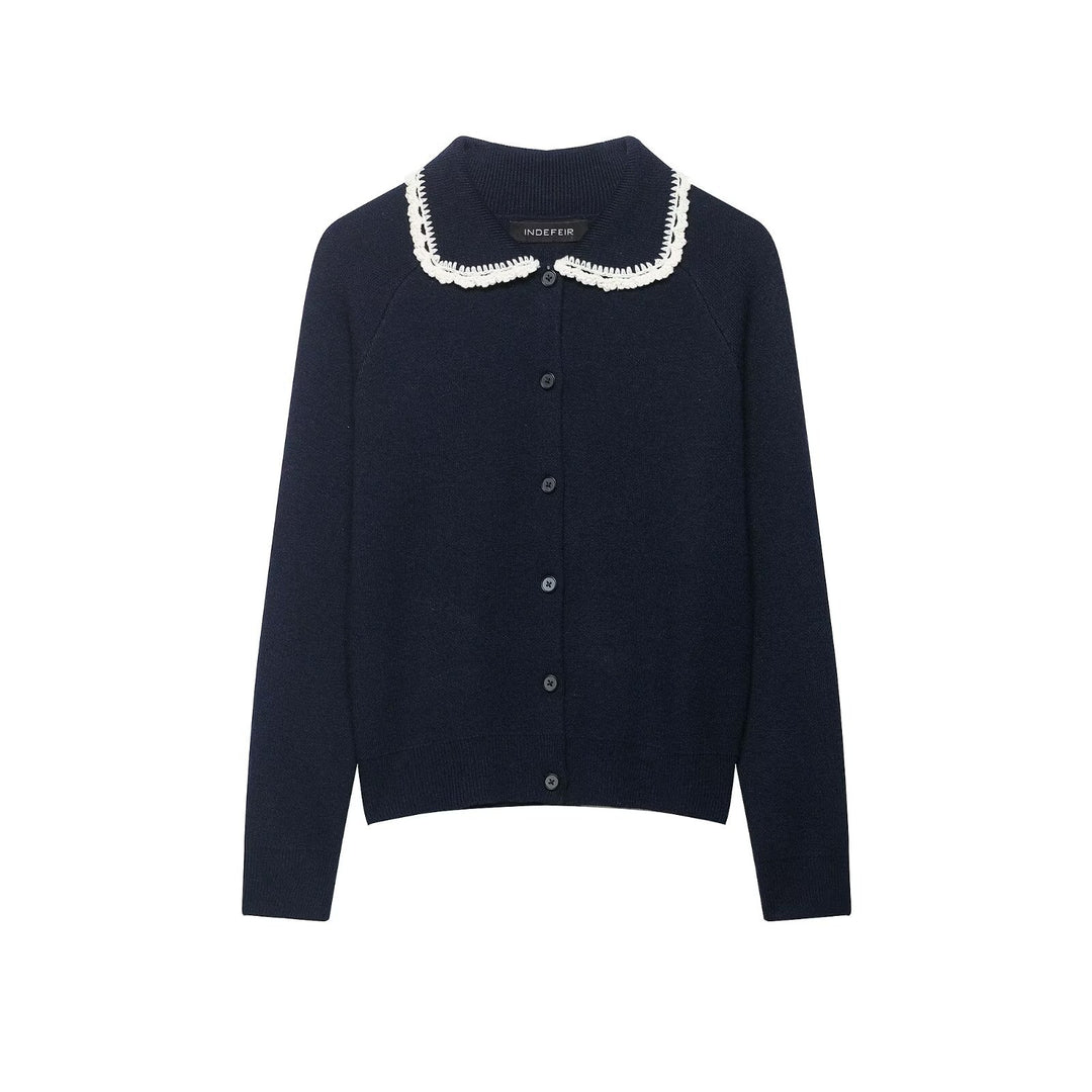 Women’s fine knit cardigan with crocheted Peter Pan collar Mune Fashion