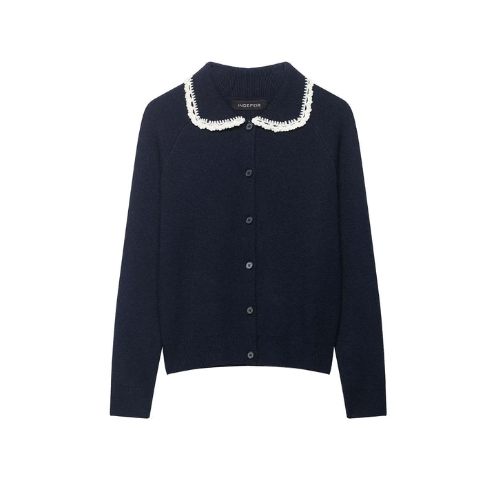 Women’s fine knit cardigan with crocheted Peter Pan collar Mune Fashion