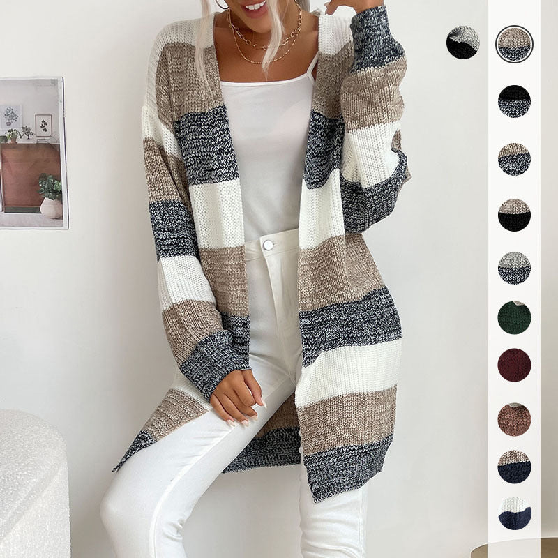 Women's Longline Knit Cardigan with Wide Block Stripes, Open Front and Dropped Shoulders Mune Fashion