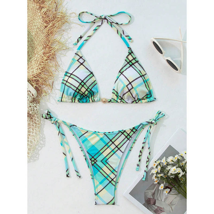 Women's triangle bikini with fashionable check pattern and adjustable tie straps Mune Fashion