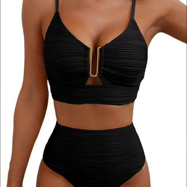 Ladies High-Waisted Bikini with Decorative Slit Mune Fashion