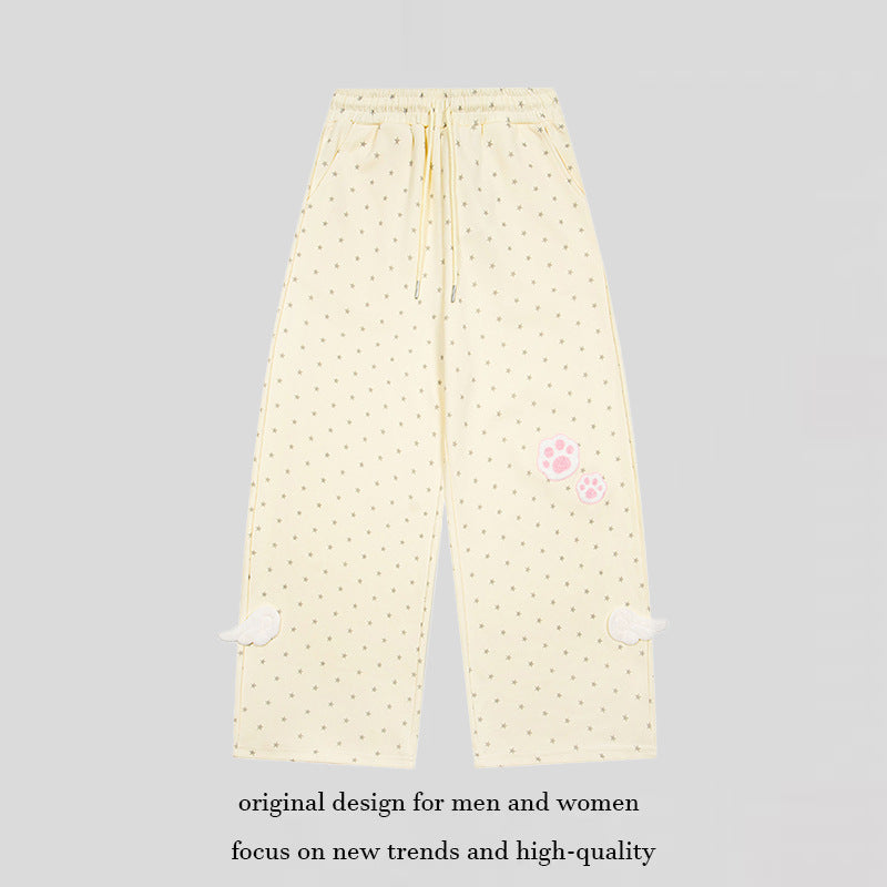 Women’s Relaxed Lounge Pants with Elastic Waistband, Allover Star Print and Paw Print Application Mune Fashion