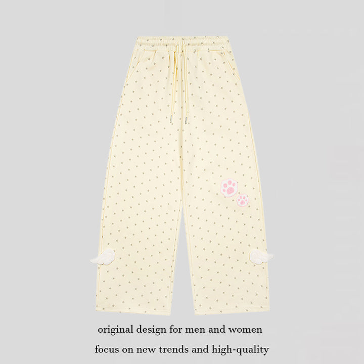 Women’s Relaxed Lounge Pants with Elastic Waistband, Allover Star Print and Paw Print Application Mune Fashion