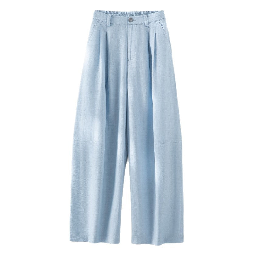 Women's wide linen-look trousers with high waist, crease and elastic back Mune Fashion