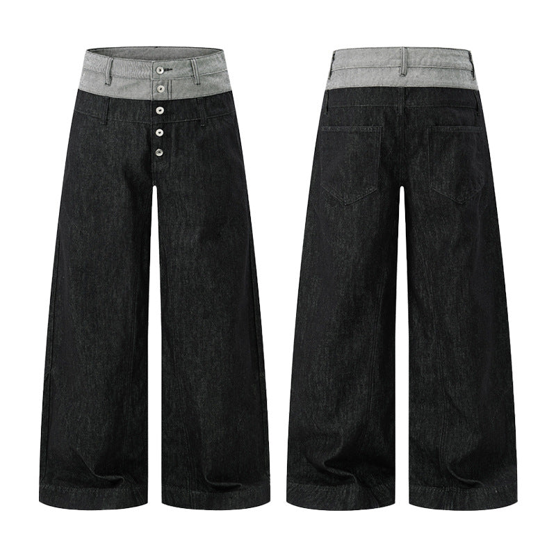 Men's Wide Cut Double-Breasted Denim Palazzo Trousers with Visible Button Placket Mune Fashion