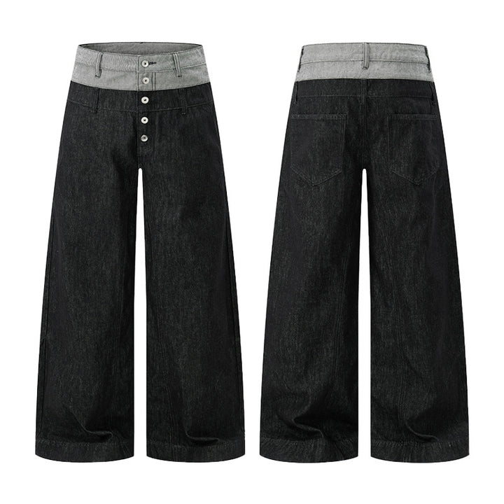 Men's Wide Cut Double-Breasted Denim Palazzo Trousers with Visible Button Placket Mune Fashion