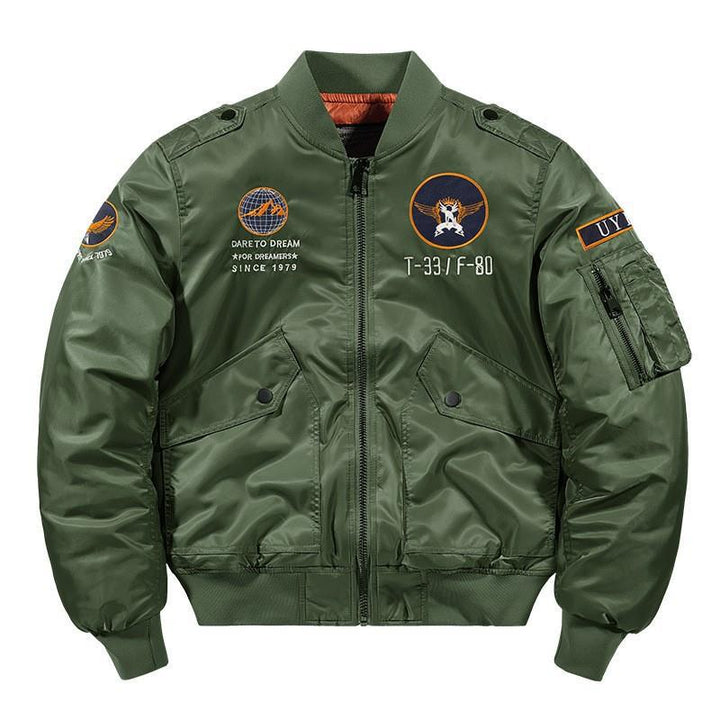 Men's aviator bomber jacket in military style with quilted thermal lining and shoulder patches Mune Fashion