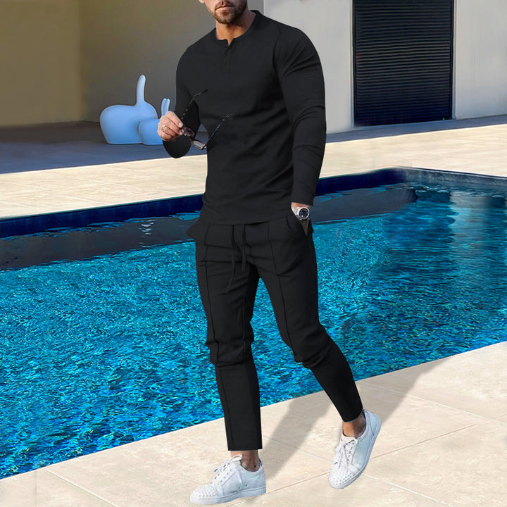 Men's nano athletic Henley long sleeve shirt and tapered jogging pants with decorative seams Mune Fashion