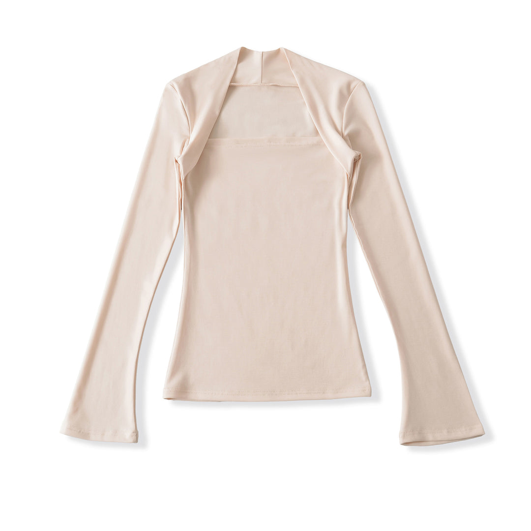 Women's fitted long-sleeve top with wide shawl collar and trumpet sleeves Mune Fashion