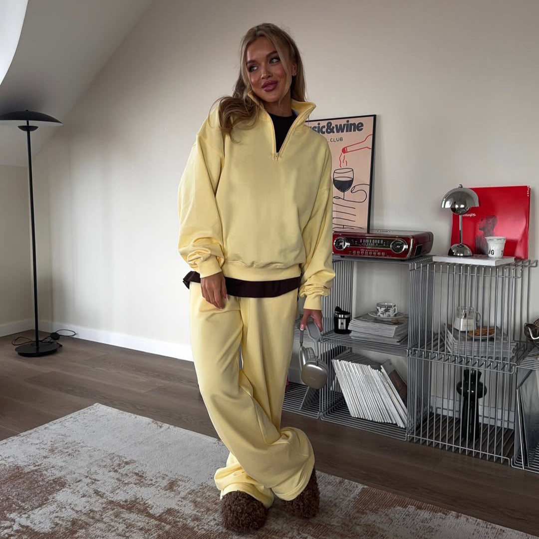 Women nan Oversize Half-zip Pullover with Stand-up Collar and Wide Lounge Pants Set Mune Fashion