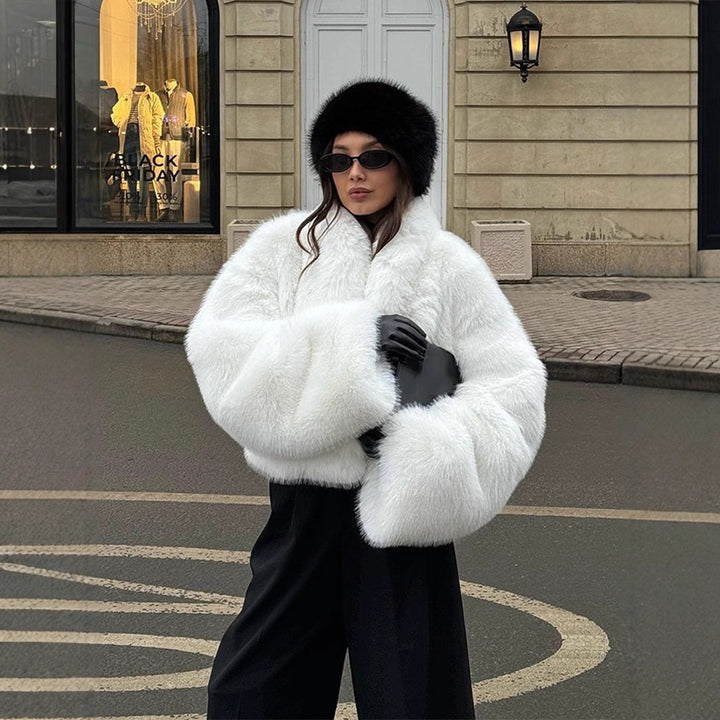 Women's Short Cozy Faux-Fur Bomber Jacket with Voluminous Shawl Collar and Boxy Silhouette Mune Fashion