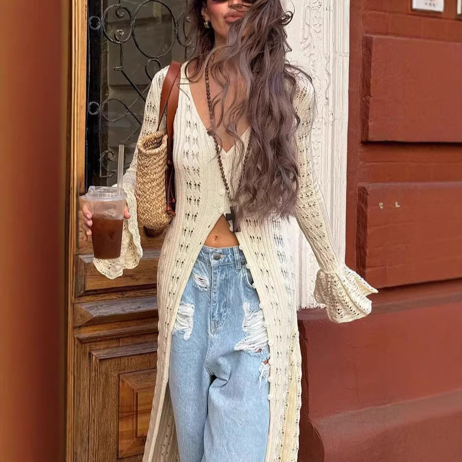 Women Long Crochet Knit Cardigan with Bell Sleeves and Open Front Drune