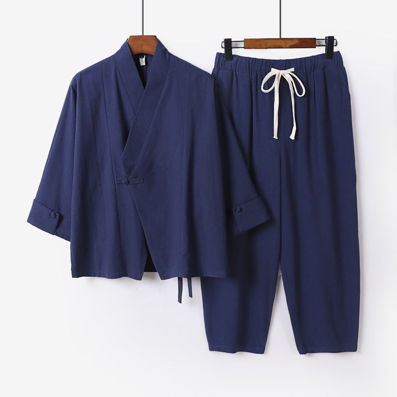 Men's Breathable Linen-Cotton Lounge Set with Asymmetrical V-Neck and Elastic Cord Pants Mune Fashion