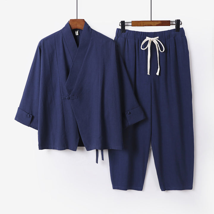 Men's Breathable Linen-Cotton Lounge Set with Asymmetrical V-Neck and Elastic Cord Pants Mune Fashion