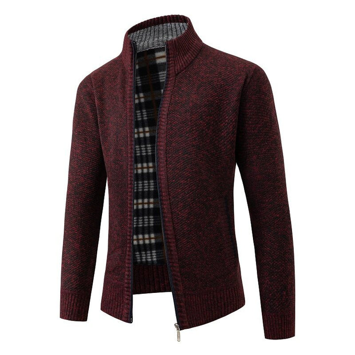 Men's Structured Zip Cardigan with Check Fleece Lining and Stand-Up Collar Mune Fashion
