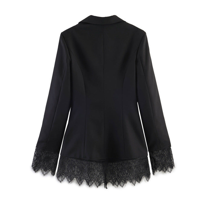 Women tailored blazer with lace trim and flared hem Mune Fashion