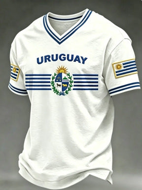 Unisex v-neck retro style jersey with Uruguay crest and flag patches Mune Fashion