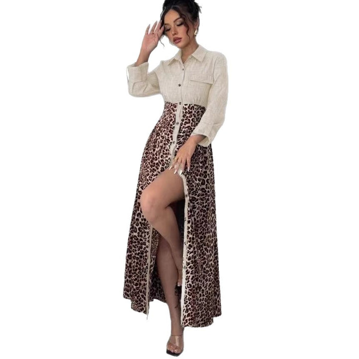 Women's Shirt Dress with Denim Top and Leopard Maxi Skirt Mune Fashion