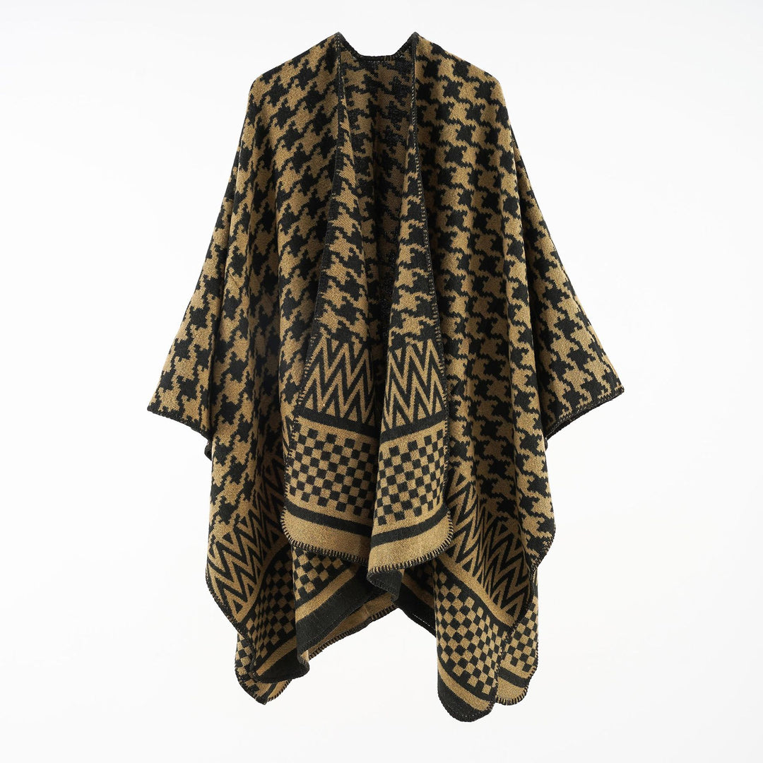 Women's Jacquard Cape Poncho with Houndstooth and Geometric Pattern Mune Fashion