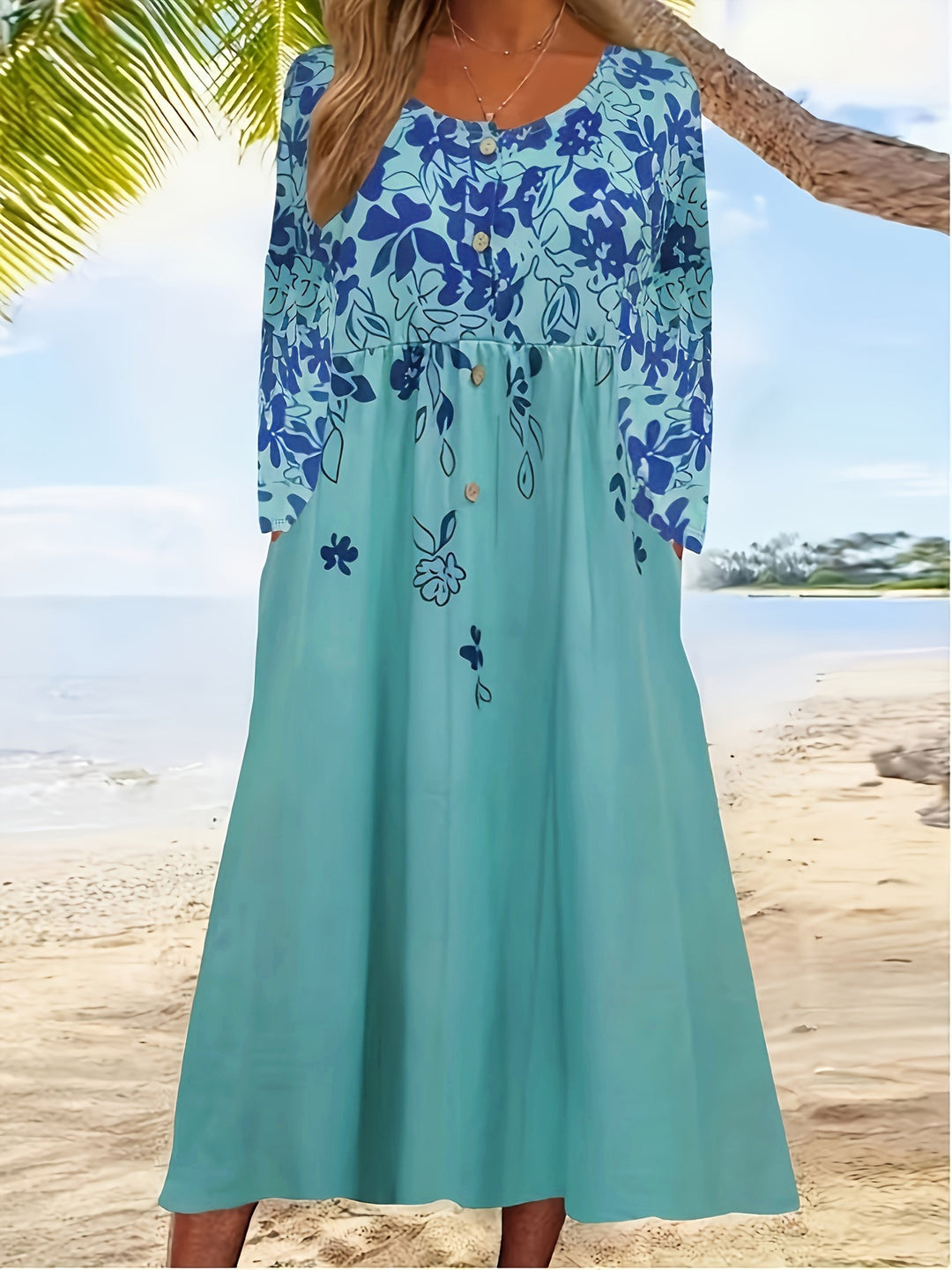 Ladies maxi dress with V-neck, floral print, button placket and side pockets Mune Fashion