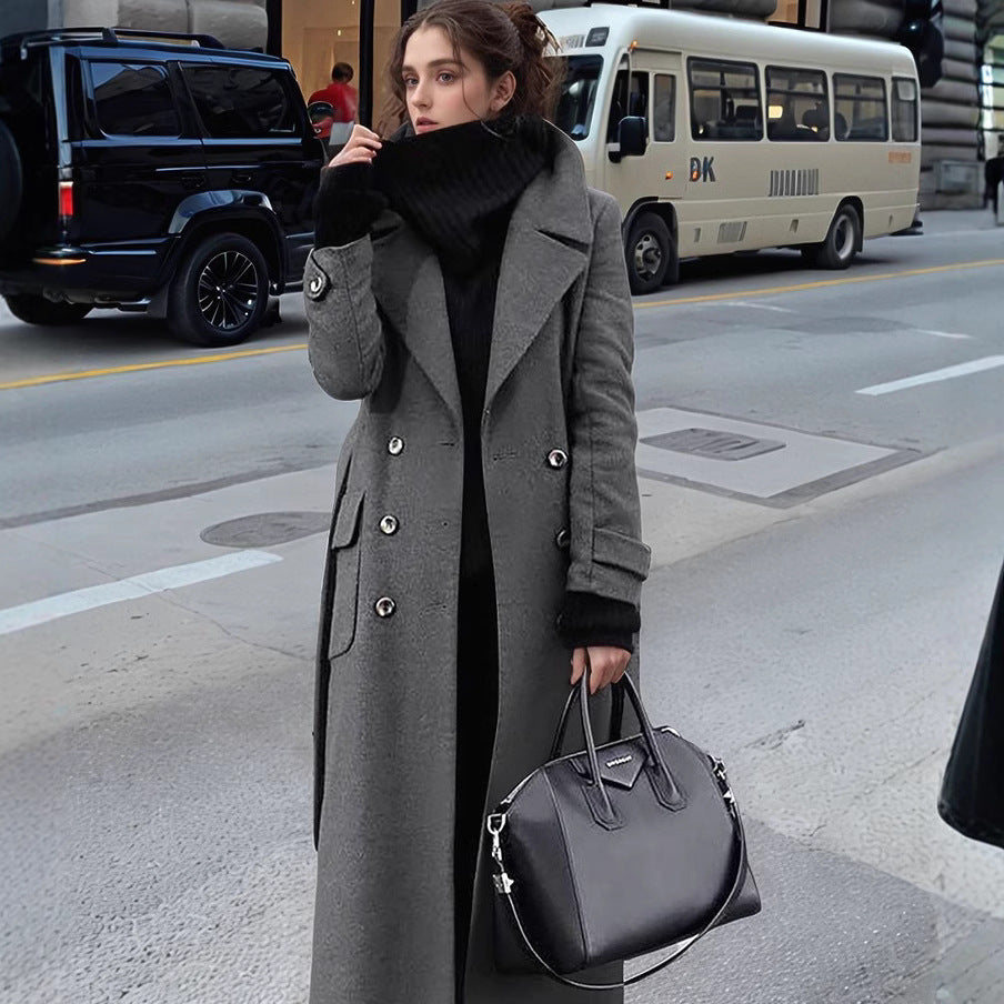Women Long Double-Breasted Wool Blend Coat with Distinctive Lapels and Flap Pockets Mune Fashion