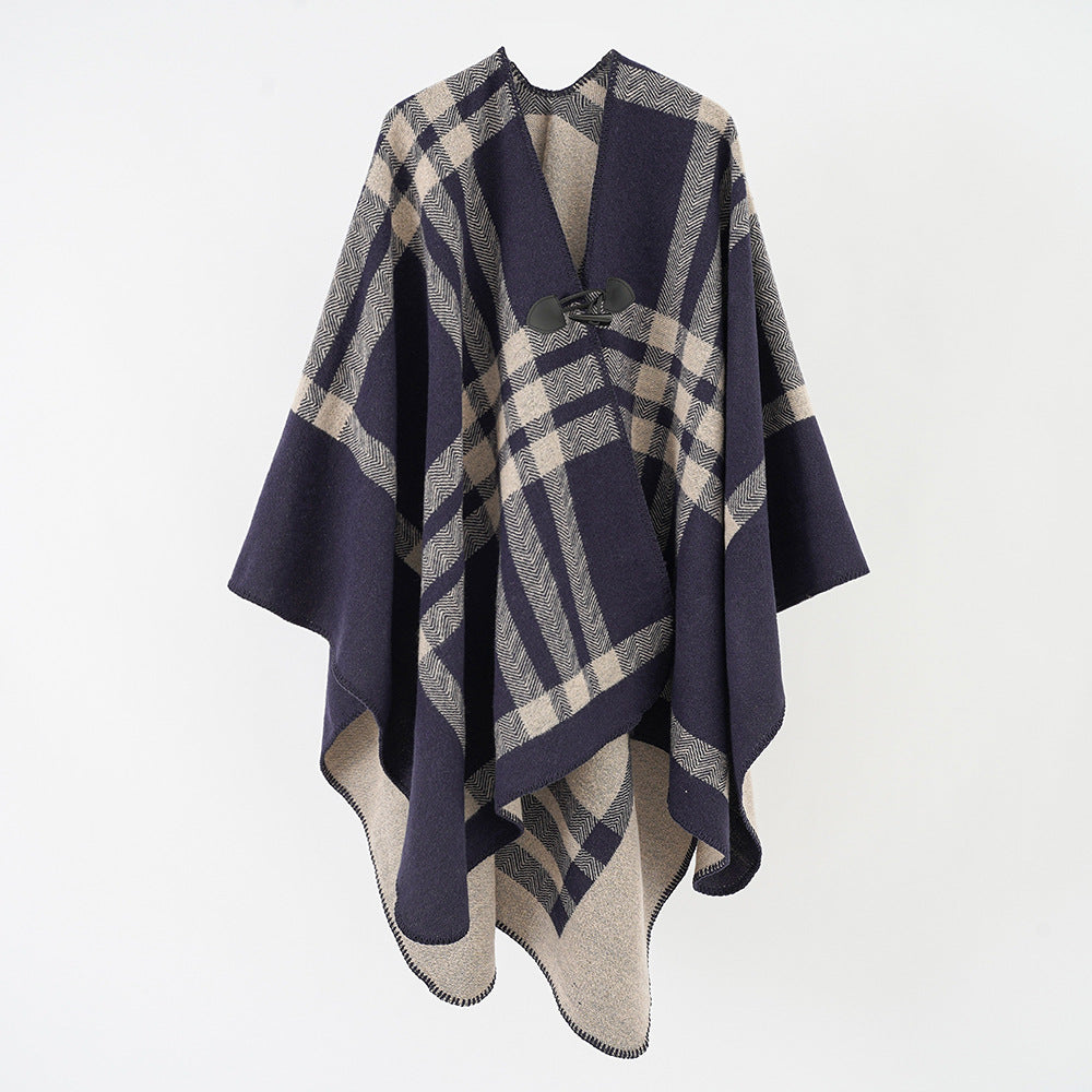 Women's Reversible Wool Blend Poncho with Toggle Closure and Check Pattern Mune Fashion