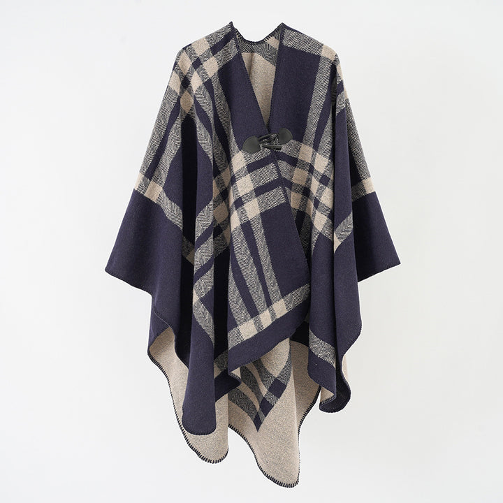 Women's Reversible Wool Blend Poncho with Toggle Closure and Check Pattern Mune Fashion