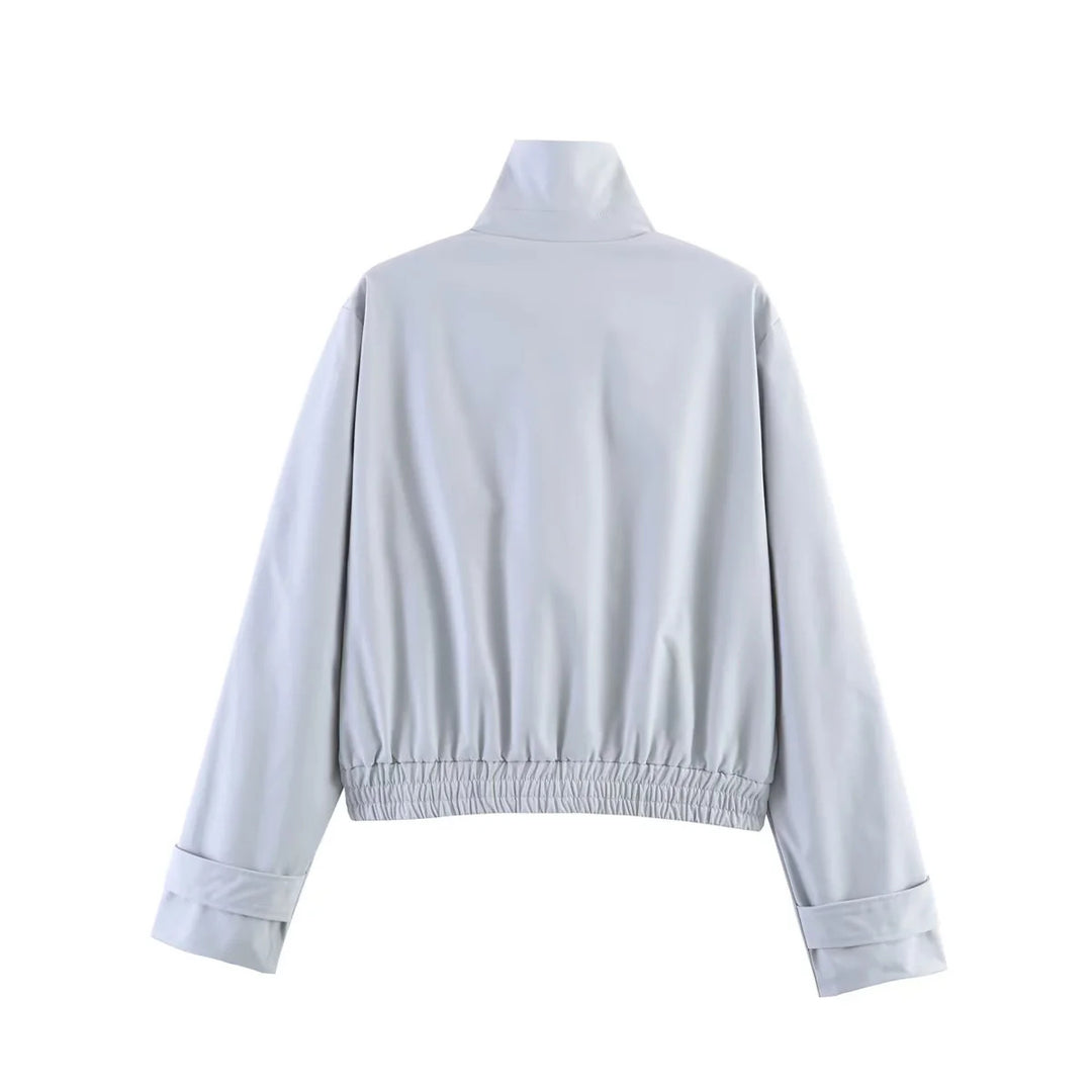 Women's short-cut bomber jacket with stand-up collar, snap button placket, and elastic hem Mune Fashion