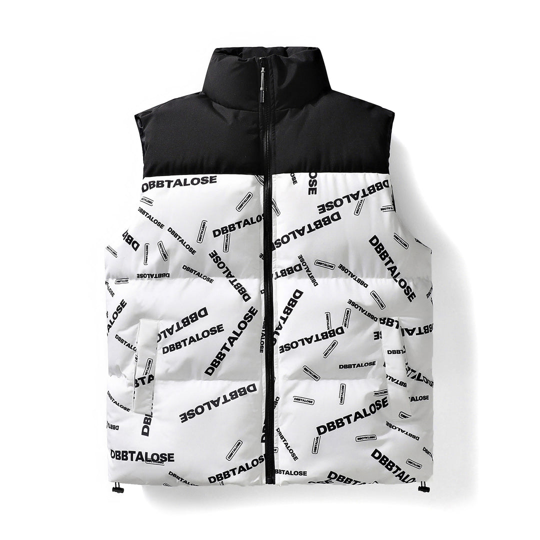 Men's Quilted Vest with High Stand-up Collar, All-over Logo Print & Drawstring Mune Fashion