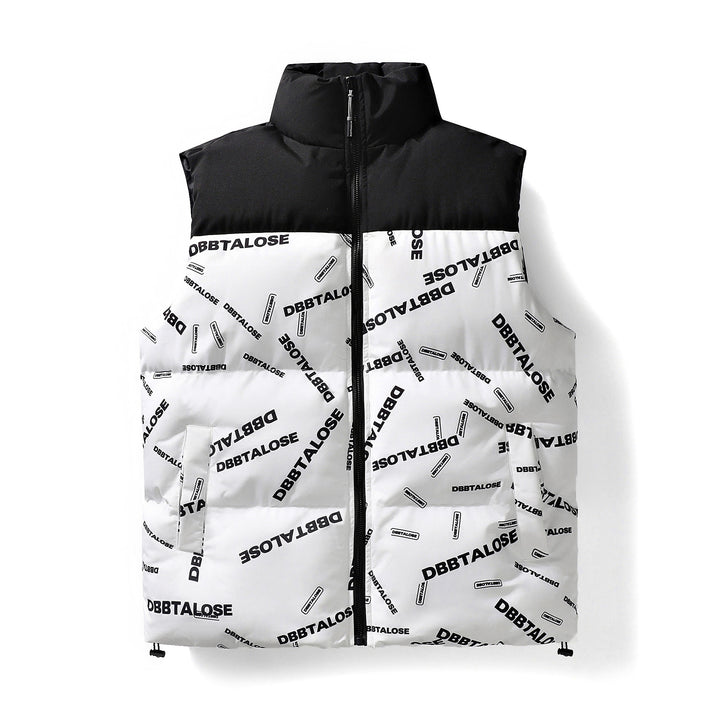 Men's Quilted Vest with High Stand-up Collar, All-over Logo Print & Drawstring Mune Fashion