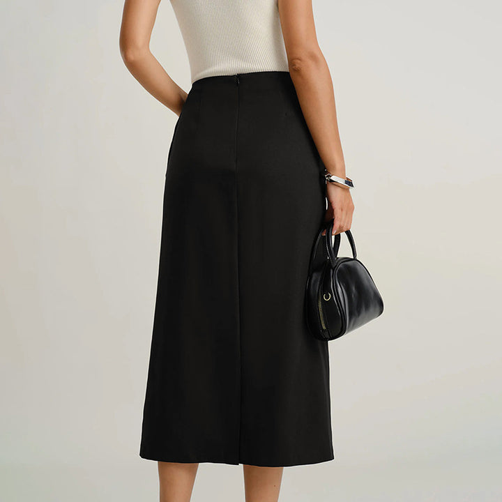 Women's midi skirt with continuous button placket, high waist and patch pockets Mune Fashion