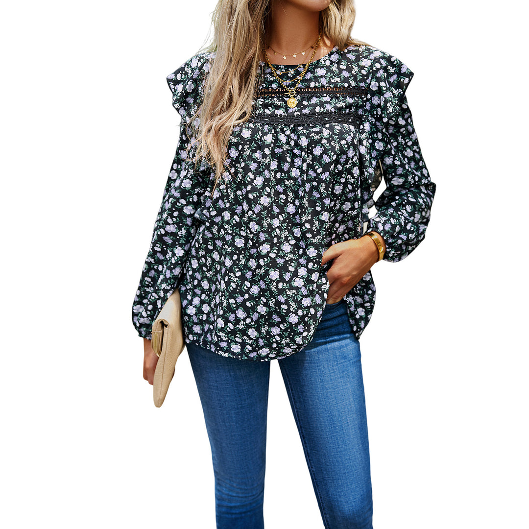Women's romantic shirt blouse with lace trim, ruffle sleeves, and loose tunic silhouette Mune Fashion