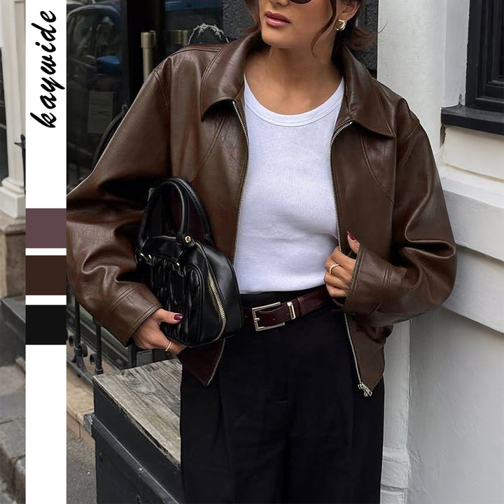 Women's short oversized leather jacket with shirt collar, visible zipper, and casual silhouette Mune Fashion