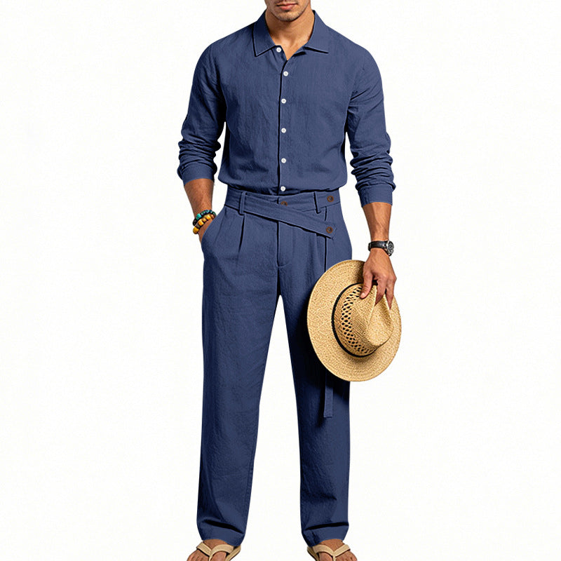 Men's elegant linen two-piece set with shirt and high-waisted pants with tie belt Mune Fashion