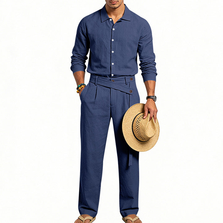 Men's elegant linen two-piece set with shirt and high-waisted pants with tie belt Mune Fashion