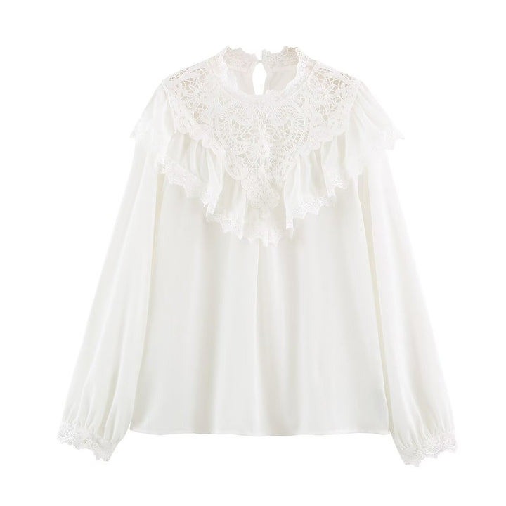 Women's Romantic Lace Blouse with Ruffles and Stand-Up Collar Mune Fashion