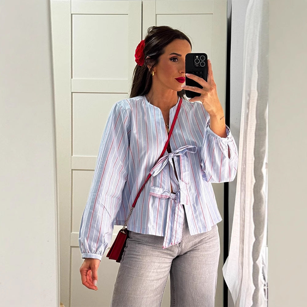 Women's Striped Tie Blouse with Bow Front, V-Neck & Balloon Sleeves Mune Fashion