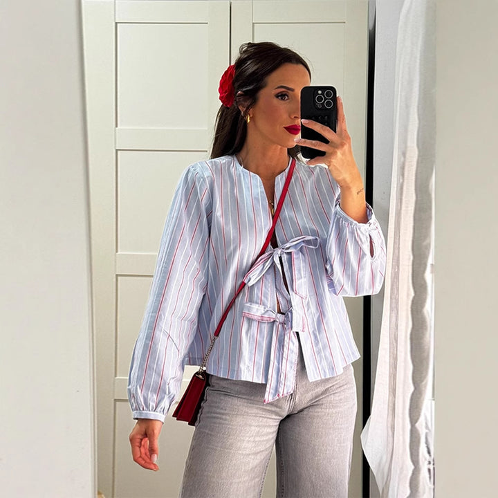Women's Striped Tie Blouse with Bow Front, V-Neck & Balloon Sleeves Mune Fashion
