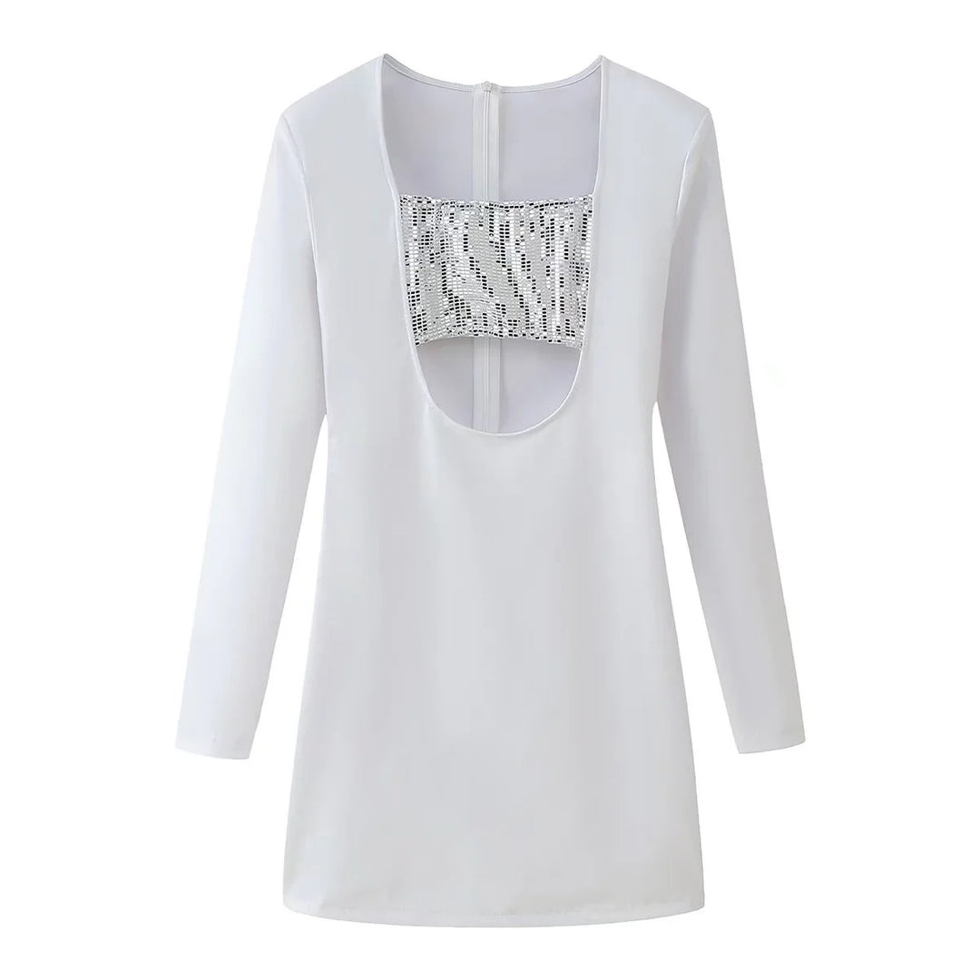 Women long-sleeved top with deep U-back, integrated sequin bandeau and zipper Mune Fashion