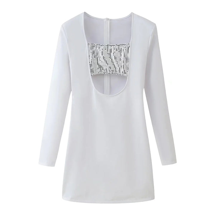 Women long-sleeved top with deep U-back, integrated sequin bandeau and zipper Mune Fashion