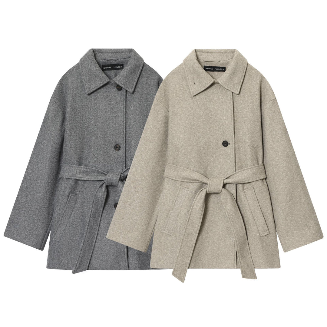 Women's short wool blend coat with tie belt, dropped shoulder and patch pockets Mune Fashion